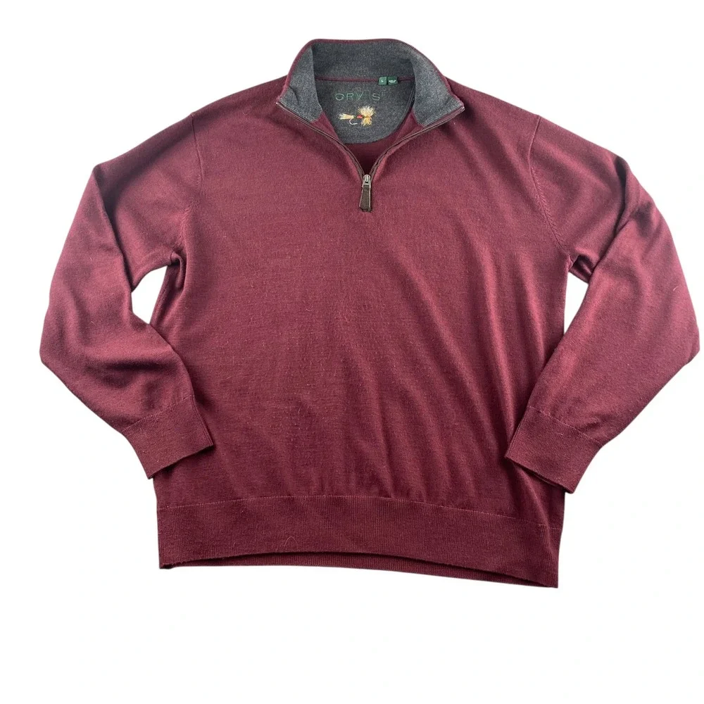 Orvis Mens‎ Burgundy 100% Merino Wool Quarter Zip Sweater Large Fly Fishing Lure